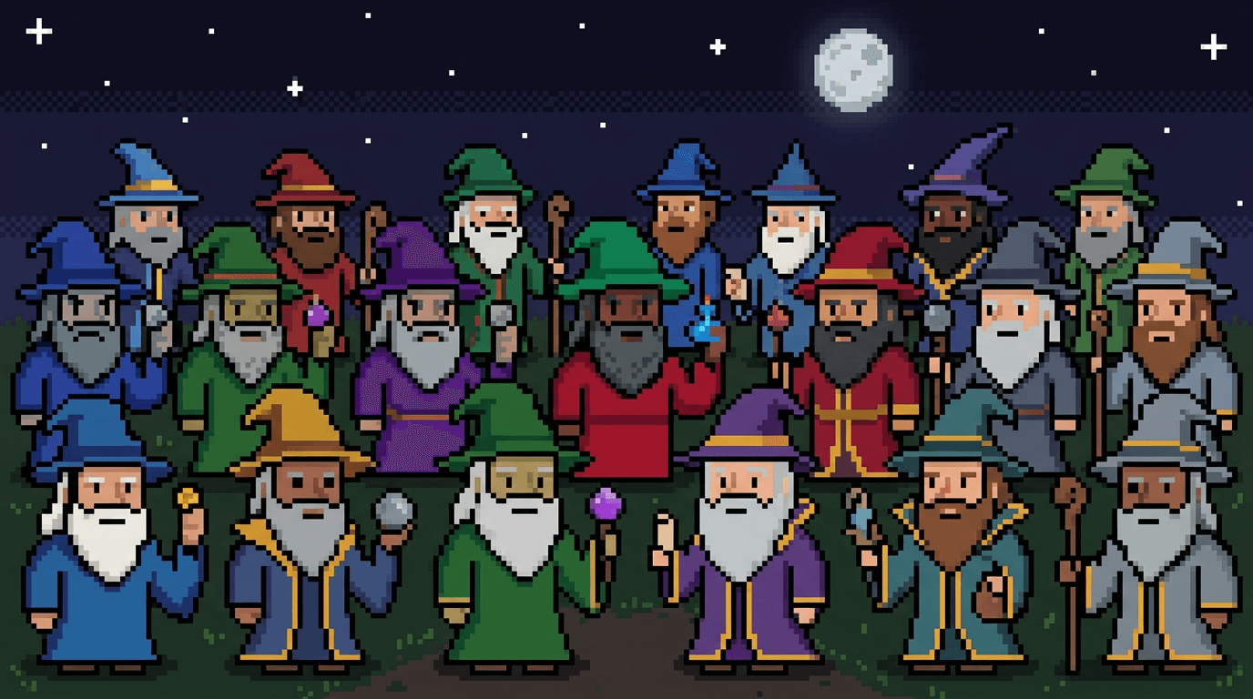 A gathering of pixel wizards beneath a full moon
